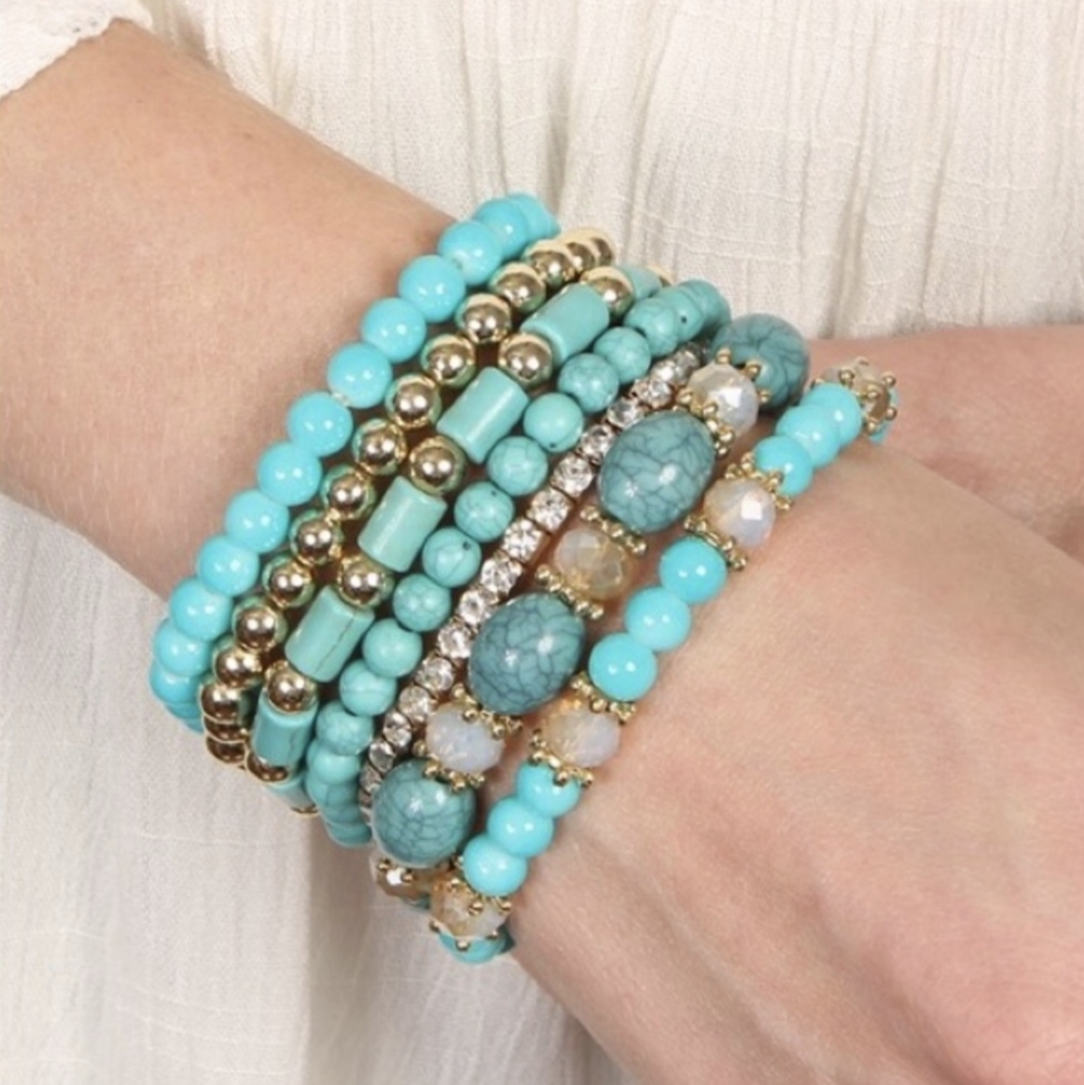 Last ONE! Vibrant Boho Style Turquoise/Gold Toned Stretchy Stacking Bracelets - Picture 4 of 4